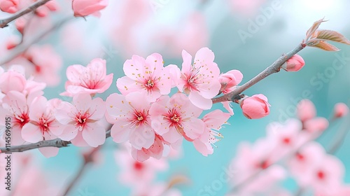 Peach tree abstract background idea. Delicate cherry blossoms blooming in a serene spring atmosphere, showcasing nature's beauty.