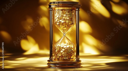 Reloj de arena dorado lleno de monedas de oro iluminado por una luz cálida, simbolizando riqueza, tiempo y prosperidad