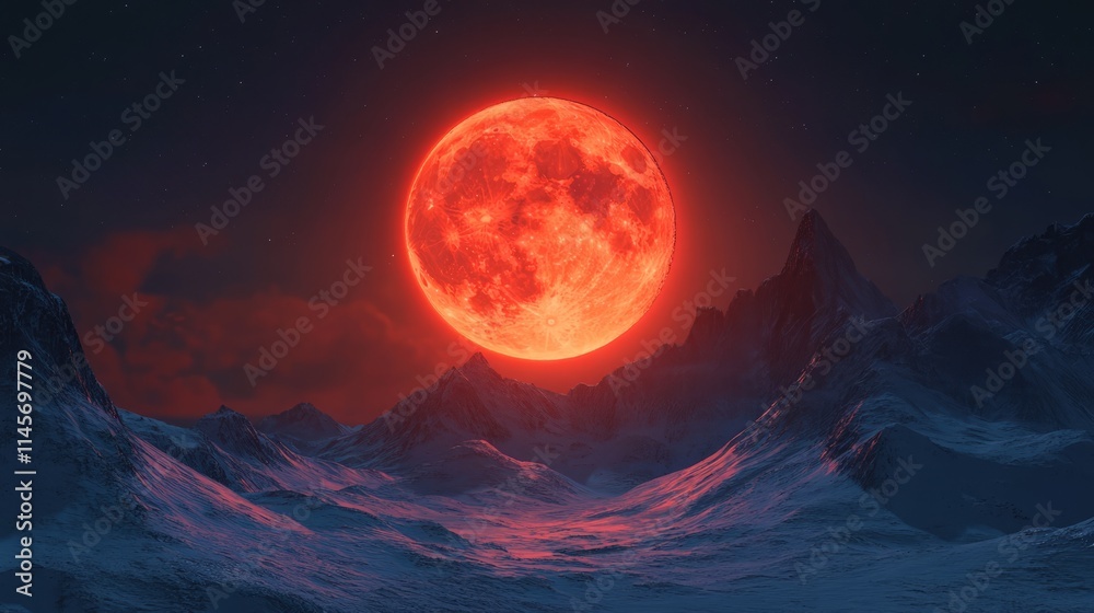 Stunning red super moon illuminating arctic mountains under a starry night sky in a captivating celestial landscape scene Stunning red super moon illuminating arctic mountains under a starry night sky in a captivating celestial landscape scene