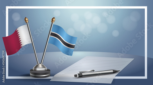 Qatar and Botswana National flags on small table with bokeh background, cooperative relationship