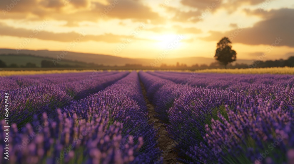 Naklejka premium A field of lavender in the countryside at sunrise, medium shot, Landscape style