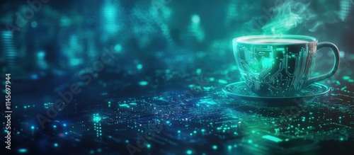 Futuristic coffee cup overlayed with technology elements symbolizing innovation and modern workspace featuring digital circuitry and glowing effects. photo