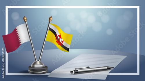 Qatar and Brunei National flags on small table with bokeh background, cooperative relationship
