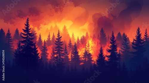 Majestic fiery sunset over a pine forest engulfed in smoke and flames capturing the intensity of a wildfire in nature's backdrop