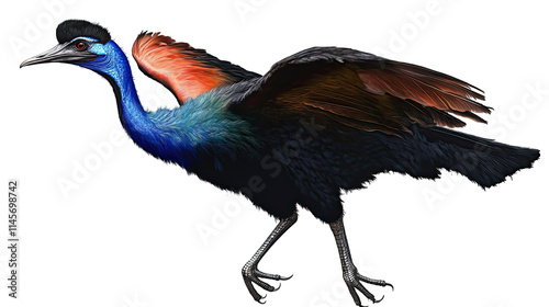 Majestic Cassowary in Flight: A vibrant illustration captures the powerful beauty of a cassowary, its wings outstretched in a moment of dynamic grace. photo