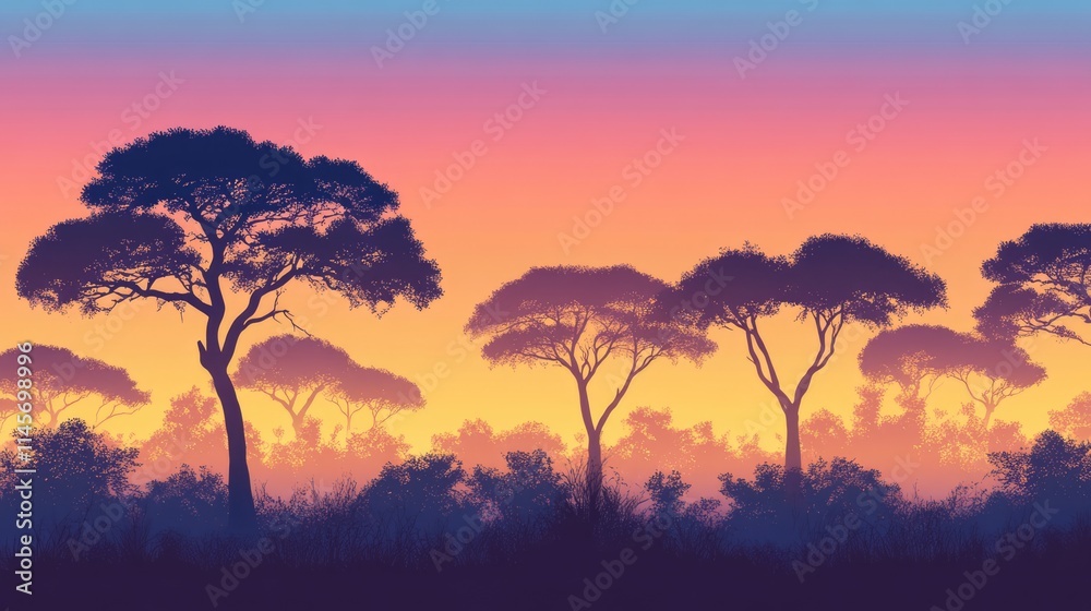 Fototapeta premium Silhouette of Trees Against a Colorful Gradient Sky at Sunset in Nature Landscape Scene