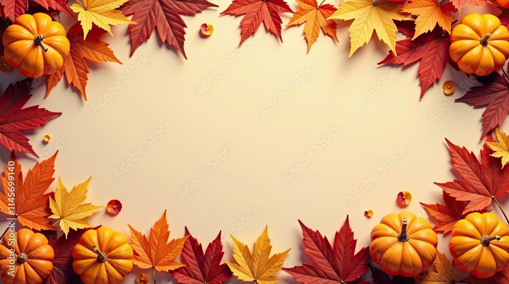 Autumnal Harvest Frame Vibrant Maple Leaves and Small Pumpkins Create a Festive Border Autumnal Harvest Frame Vibrant Maple Leaves and Small Pumpkins Create a Festive Border