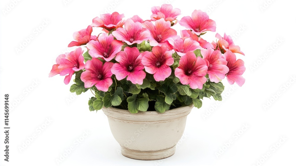 Vibrant artificial pink flowers in a decorative pot against a clean white background for home decor and interior design inspiration. Vibrant artificial pink flowers in a decorative pot against a clean white background for home decor and interior design inspiration.