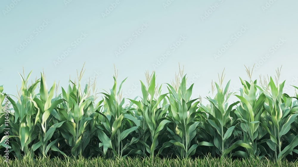 Obraz premium Row of lush green corn plants growing in a field under a clear blue sky showcasing agricultural growth and farming productivity