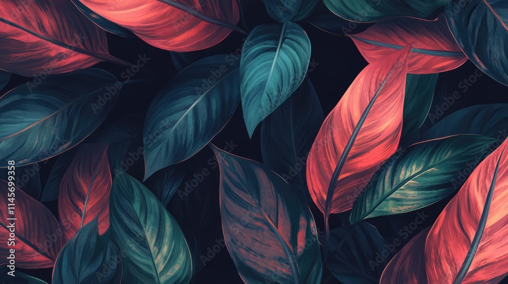 Vibrant Aglaonema leaves in rich colors creating an artistic botanical background for design and decoration purposes Vibrant Aglaonema leaves in rich colors creating an artistic botanical background for design and decoration purposes