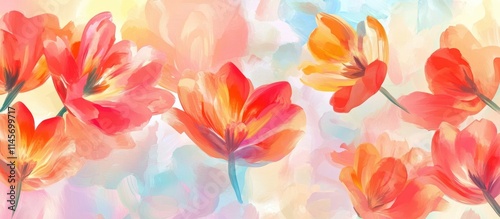 Vibrant floral background with colorful tulips in a soft artistic style creating a warm and inviting atmosphere