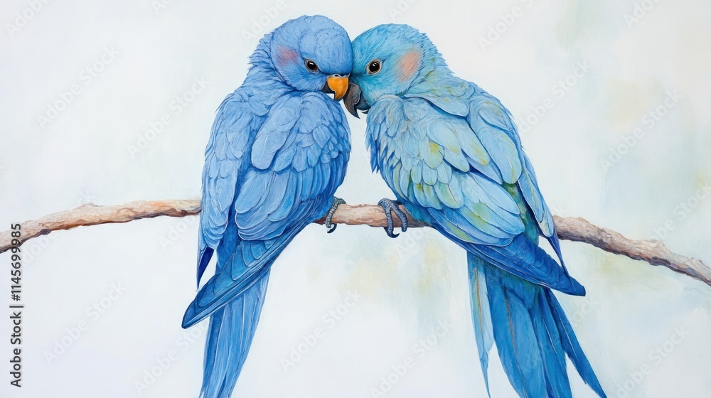 Obraz premium Two blue parrots cuddling on a branch.