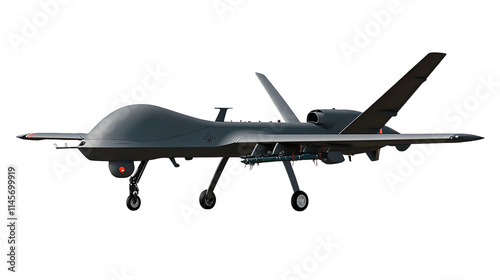 Unmanned Aerial Vehicle: A sleek, grey drone stands ready for action, its powerful engine and sophisticated design hinting at its advanced capabilities.