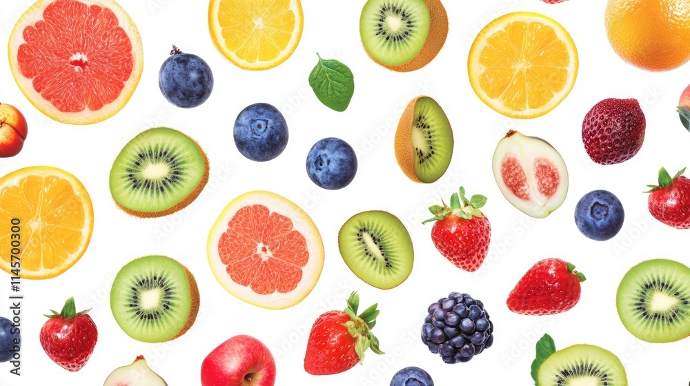 Assorted fresh fruits on white background showcasing healthy eating and colorful nutrition options