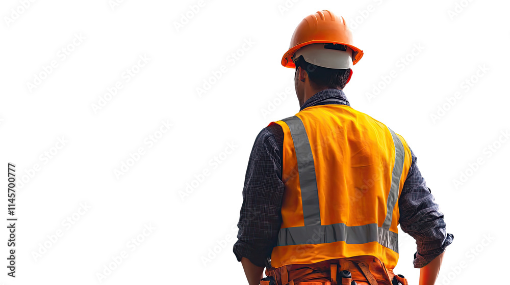 Fototapeta premium Construction Worker with a Vision: A lone worker, dressed in safety gear, gazes out at the horizon, contemplating the future of the project. His posture is confident, his gaze determined.
