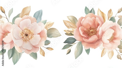 Fototapeta Naklejka Na Ścianę i Meble -  Two pink flowers with green leaves are shown in a close up
