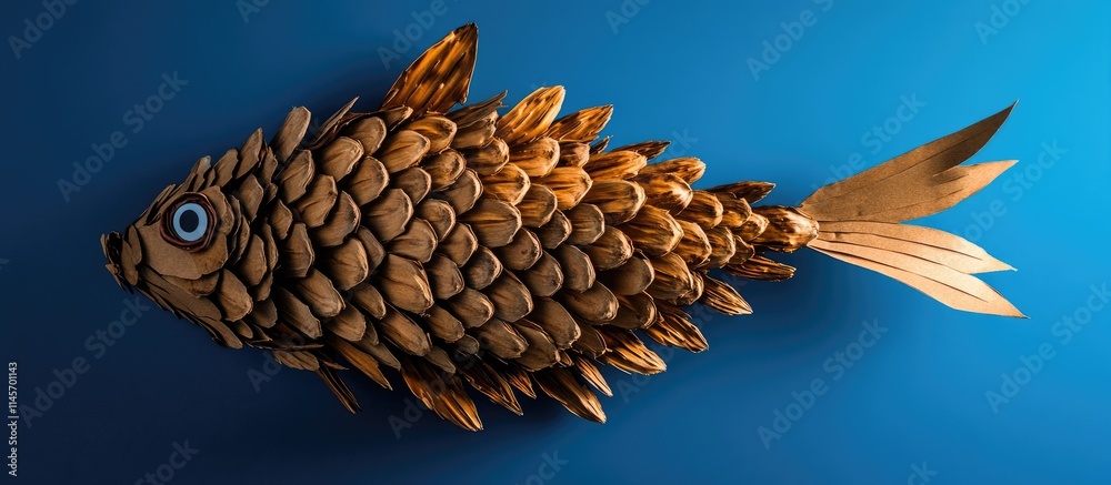 Creative fish sculpture made from cardboard and pine cones on blue background showcasing innovative nature-inspired art process Creative fish sculpture made from cardboard and pine cones on blue background showcasing innovative nature-inspired art process