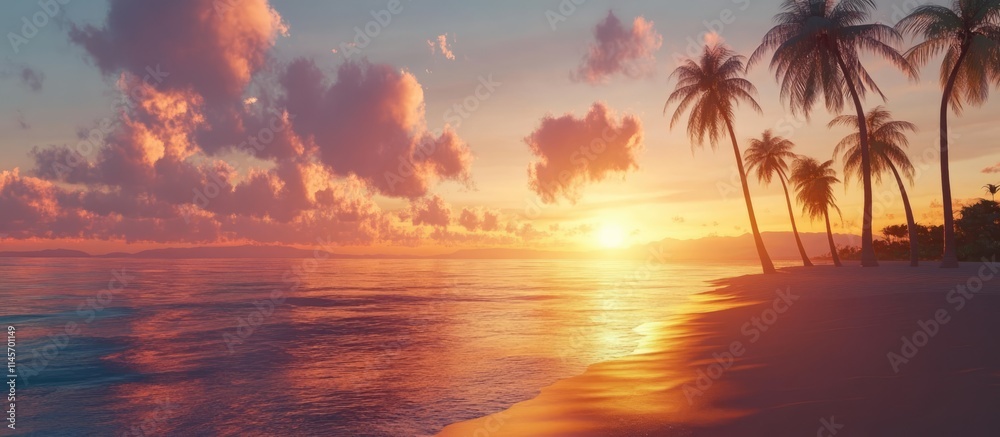 Tranquil beach sunset with vibrant seascape and tall palm trees reflecting calmness on sandy shore under colorful clouds Tranquil beach sunset with vibrant seascape and tall palm trees reflecting calmness on sandy shore under colorful clouds