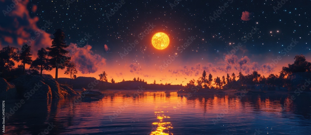 Majestic sunset over tranquil bay with vibrant colors and starry sky reflecting on calm water creating a serene natural landscape Majestic sunset over tranquil bay with vibrant colors and starry sky reflecting on calm water creating a serene natural landscape