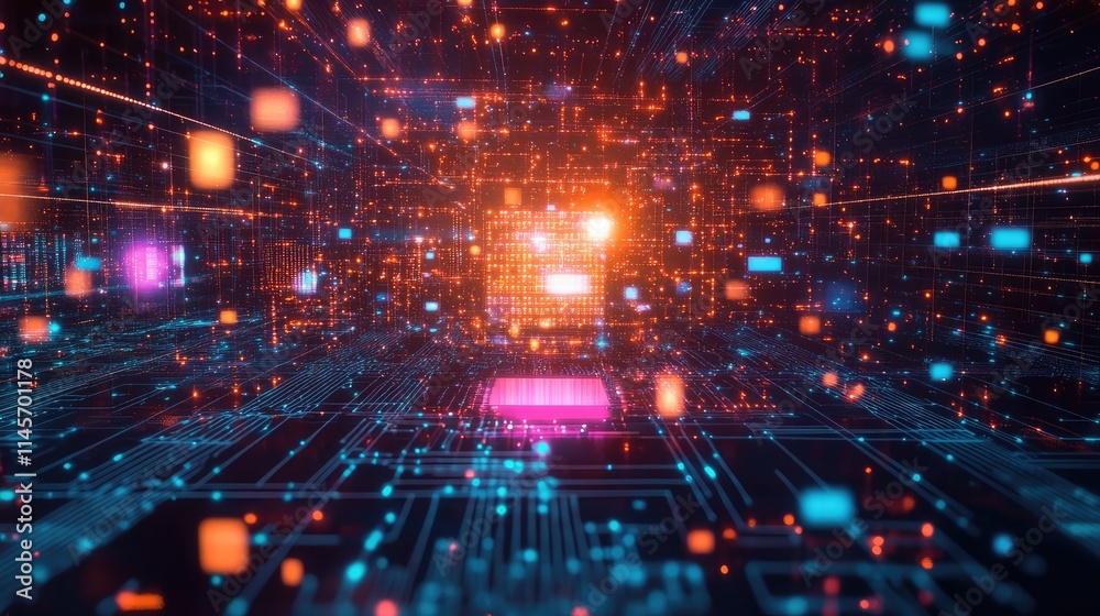 Fototapeta premium A graphic rendering of a microchip surrounded by data streams and holographic elements, representing advanced digital technology