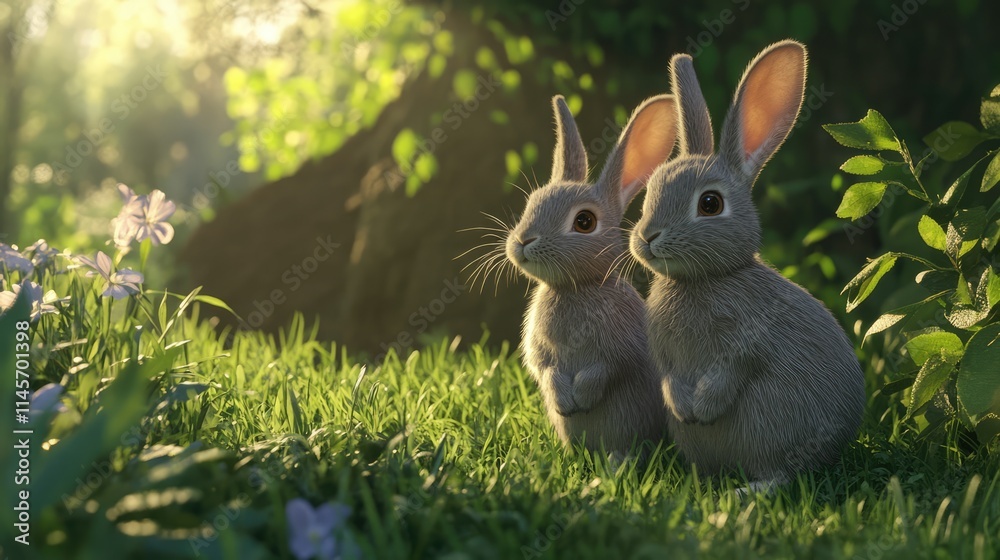 Fototapeta premium Two adorable grey rabbits sitting together on lush green grass in a tranquil outdoor setting with soft sunlight filtering through trees