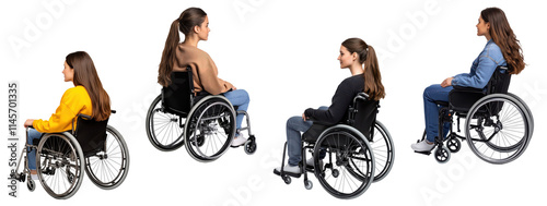 Set of diverse women in wheelchairs, isolated on transparent background