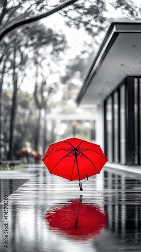 A vibrant red umbrella stands out against a monochrome background of a modern building and trees.