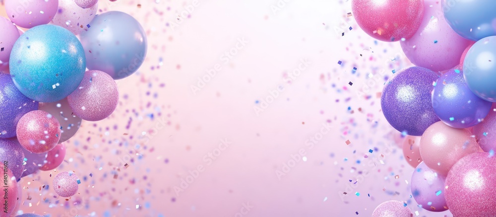 Colorful festive backdrop with balloons and confetti creating a joyful atmosphere and space for personalized text or messages Colorful festive backdrop with balloons and confetti creating a joyful atmosphere and space for personalized text or messages