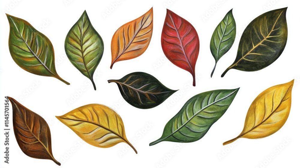 Obraz premium Colorful collection of various autumn leaves in different shapes showcasing natural foliage and seasonal change in a vibrant artistic style