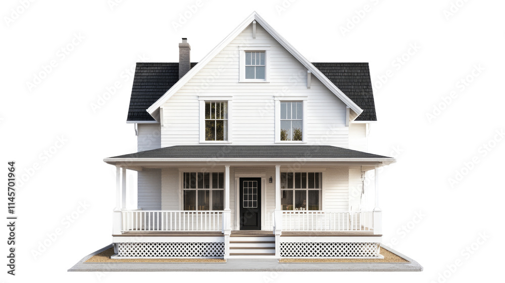 Charming Farmhouse: A classic white farmhouse with a black roof and front porch, showcasing timeless architectural details and a welcoming facade. Charming Farmhouse: A classic white farmhouse with a black roof and front porch, showcasing timeless architectural details and a welcoming facade.