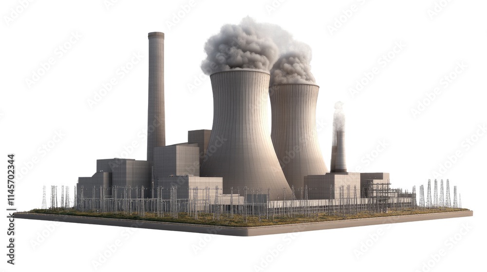 Industrial Power Plant: A 3D rendering of a massive industrial power plant with tall smokestacks emitting smoke, symbolizing energy production and its impact on the environment. Industrial Power Plant: A 3D rendering of a massive industrial power plant with tall smokestacks emitting smoke, symbolizing energy production and its impact on the environment.
