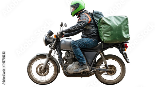 Motorcycle Delivery: A delivery driver on a motorcycle with a large green bag, riding on a dirt road. The driver is wearing a green helmet and a black jacket. 