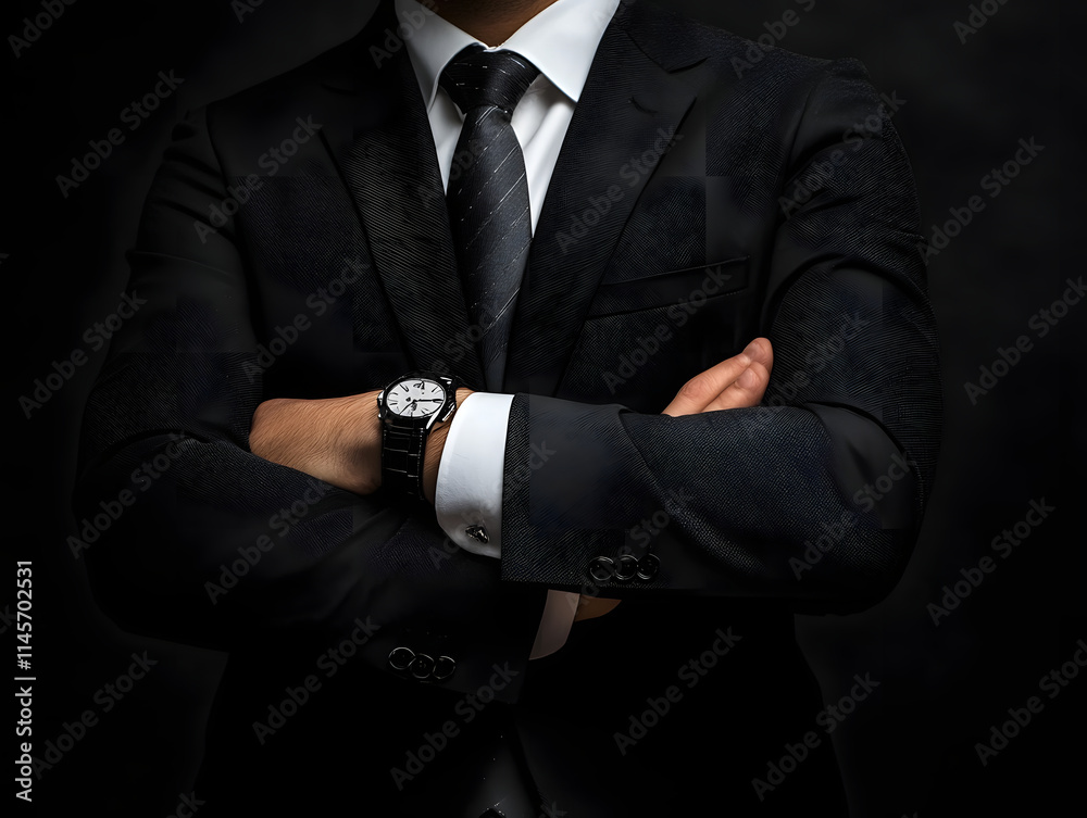 Man in Black Suit with Wristwatch and Tie Man in Black Suit with Wristwatch and Tie