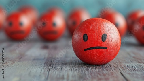 Dissatisfied consumers depicted by red wooden sad face emoticons representing customer dissatisfaction and service rating issues