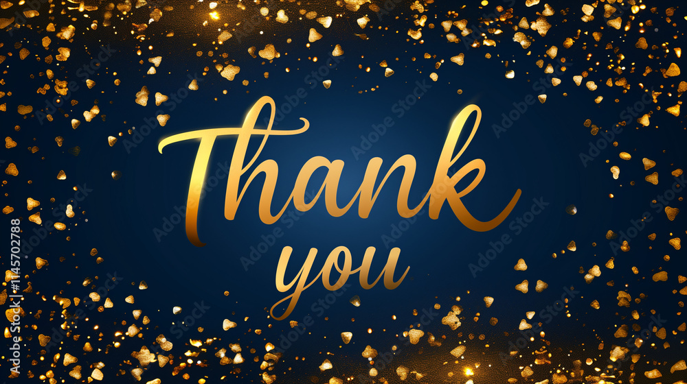Fototapeta premium Gold 'Thank You' text surrounded by glowing golden sparkles on a dark festive background for celebration themes.