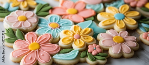 Colorful floral decorated sugar cookies on a marble surface perfect for celebrations and baking inspiration