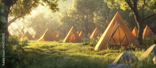 Tents set up on lush green grass under warm sunlight in a serene camping landscape inviting adventure and travel experiences photo