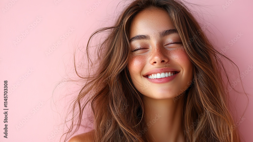 Fototapeta premium A woman with flowing hair smiles with her eyes closed against a pink background, embracing the freedom and joy of healthy hair and radiating beauty and confidence.