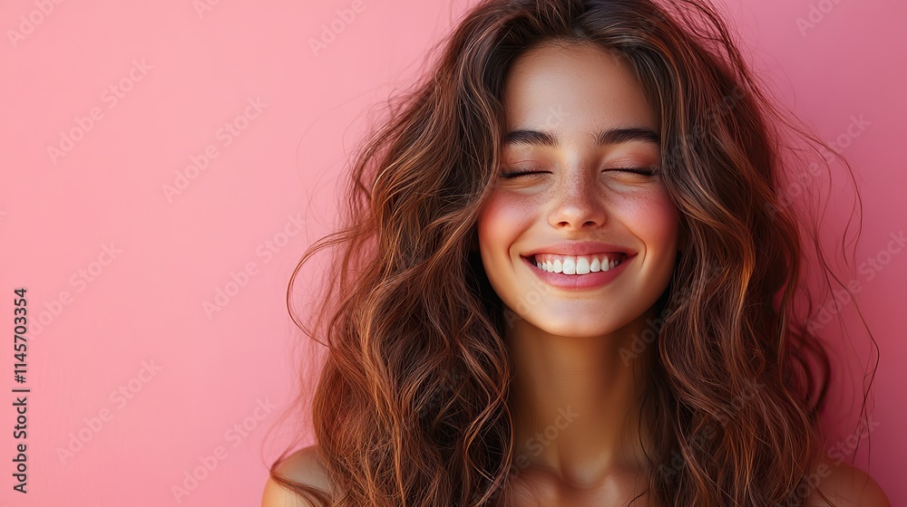 Naklejka premium A woman with flowing hair smiles with her eyes closed against a pink background, embracing the freedom and joy of healthy hair and radiating beauty and confidence.