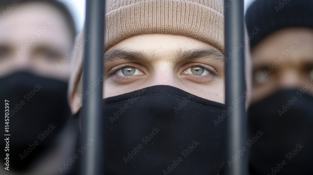 A close-up of a masked individual, with intense eyes visible between metal bars, suggesting themes of confinement and anonymity. A close-up of a masked individual, with intense eyes visible between metal bars, suggesting themes of confinement and anonymity.