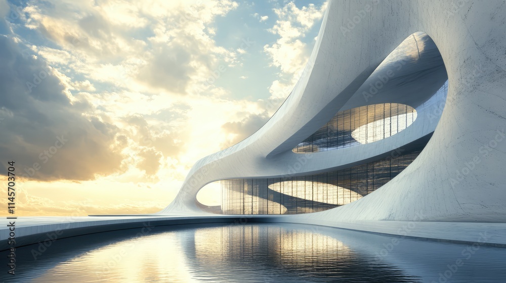 Modern architectural marvel reflecting in tranquil waters under a dramatic sky at sunset showcasing innovative design and aesthetics. Modern architectural marvel reflecting in tranquil waters under a dramatic sky at sunset showcasing innovative design and aesthetics.