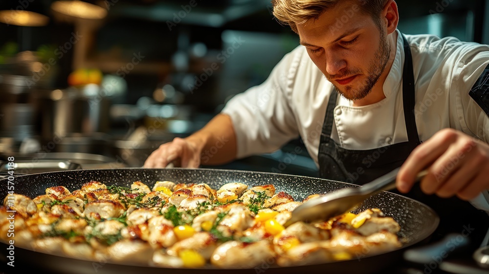 Chef preparing a dish in a professional kitchen. Chef preparing a dish in a professional kitchen.