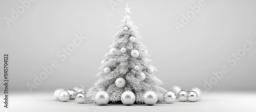 Elegant white Christmas tree beautifully decorated with silver ornaments against a minimalist background creating a serene holiday atmosphere