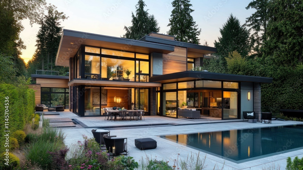 Modern luxury home with pool, expansive windows, and outdoor patio at dusk. Modern luxury home with pool, expansive windows, and outdoor patio at dusk.