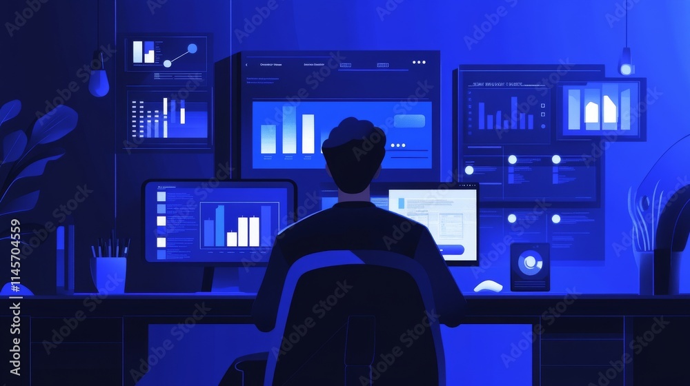 Data science and big data technology. Scientist computing, analysing and visualizing complex data set on computer. Data mining, artificial intelligence, machine learning, business analytics. Data science and big data technology. Scientist computing, analysing and visualizing complex data set on computer. Data mining, artificial intelligence, machine learning, business analytics.
