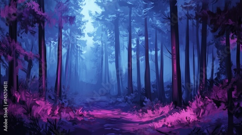 Mysterious Pine Forest with Ethereal Lighting and Vibrant Purple Accents in a Misty Atmosphere for a Dreamy Landscape Aesthetic