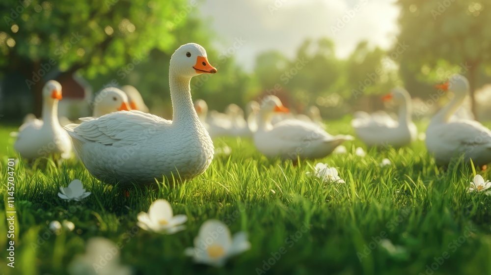 White geese grazing in a lush green meadow surrounded by flowers under soft sunlight creating a serene pastoral landscape scene. White geese grazing in a lush green meadow surrounded by flowers under soft sunlight creating a serene pastoral landscape scene.
