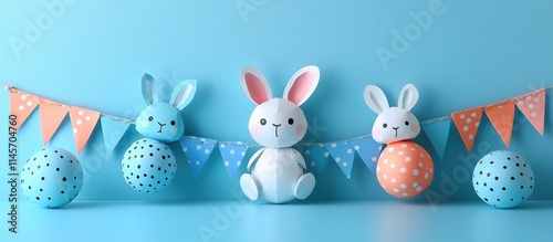 Colorful DIY Easter garland with bunnies and lettered flags on blue background Step by step craft guide for kids festive spring decoration photo