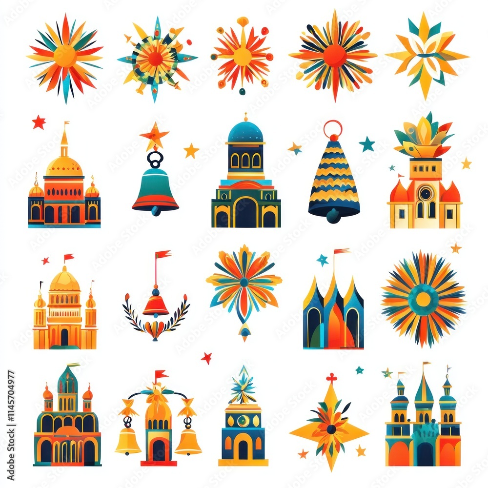 Vibrant Collection of Colorful Architectural Illustrations Featuring Domes, Towers, Bells, and Stars Perfect for Holiday Themes and Celebration Designs Vibrant Collection of Colorful Architectural Illustrations Featuring Domes, Towers, Bells, and Stars Perfect for Holiday Themes and Celebration Designs