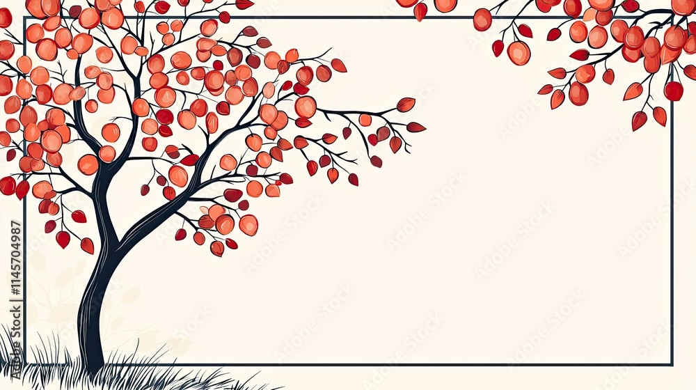 Peach tree abstract background idea. An artistic illustration of a tree with vibrant red leaves against a light background.